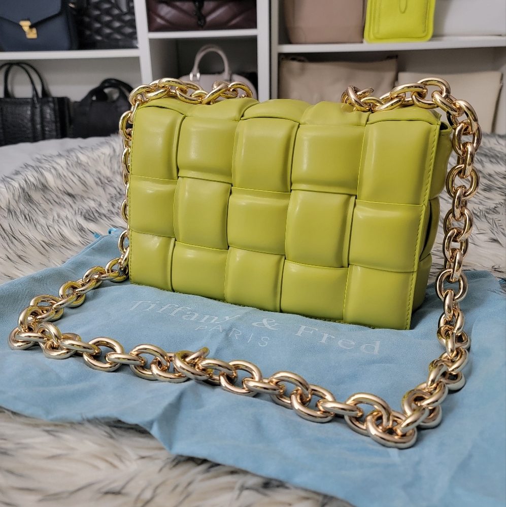 Nwt TIFFANY & FRED Woven Leather Lime Green/ Yellow Casette Chain Bag